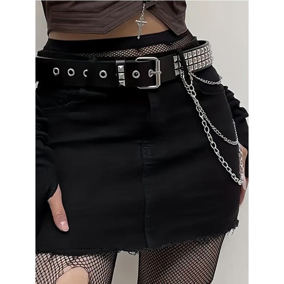 Women Punk Belt with Chain Rave Leather Belt Goth Accessories Belt With 3 Chain - Picture 2 of 8
